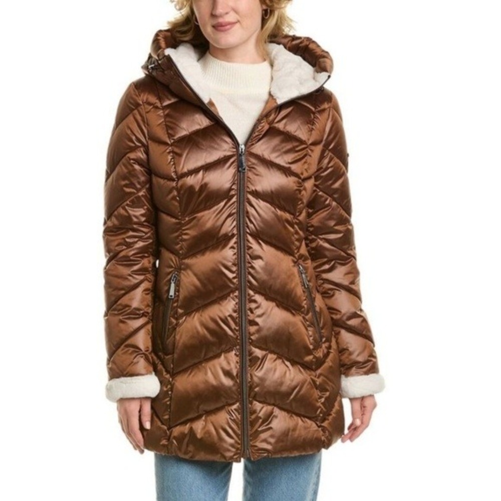 NEW Laundry by Shelli‎ Segal Women's Puffer Coat Hooded Faux Fur Trim Brown XL